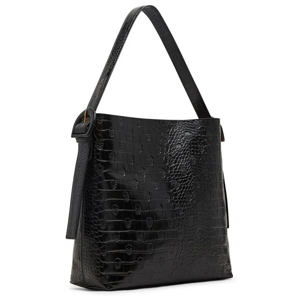 NWT~BETSEY JOHNSON Black Skull & Croc Headquarters Bucket Shoulder Bag~$98 Rtl